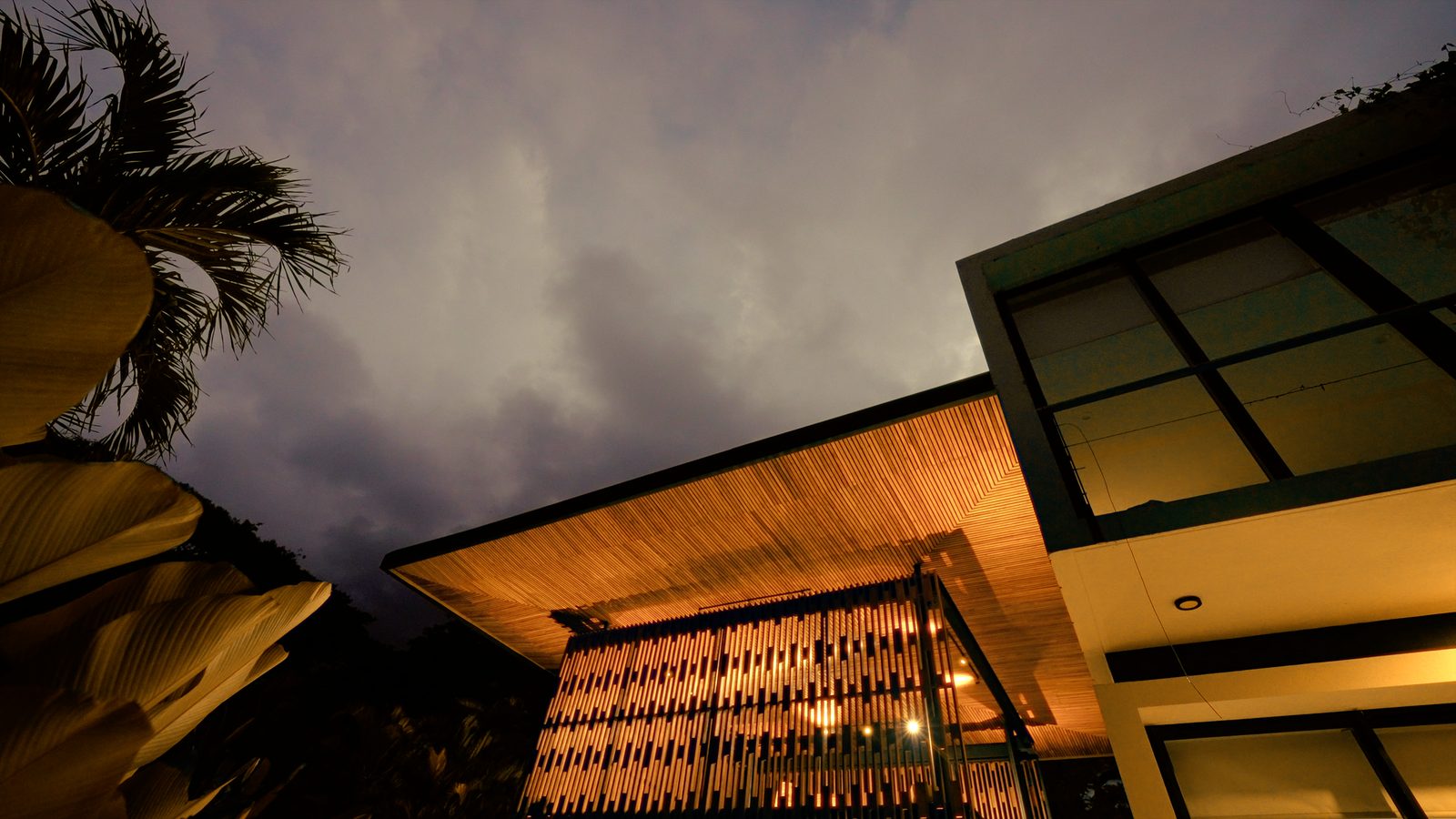 Architectural canopy with golden illumination