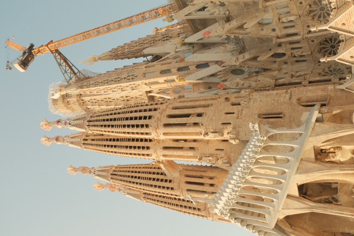 Ornate cathedral facade with palm trees
